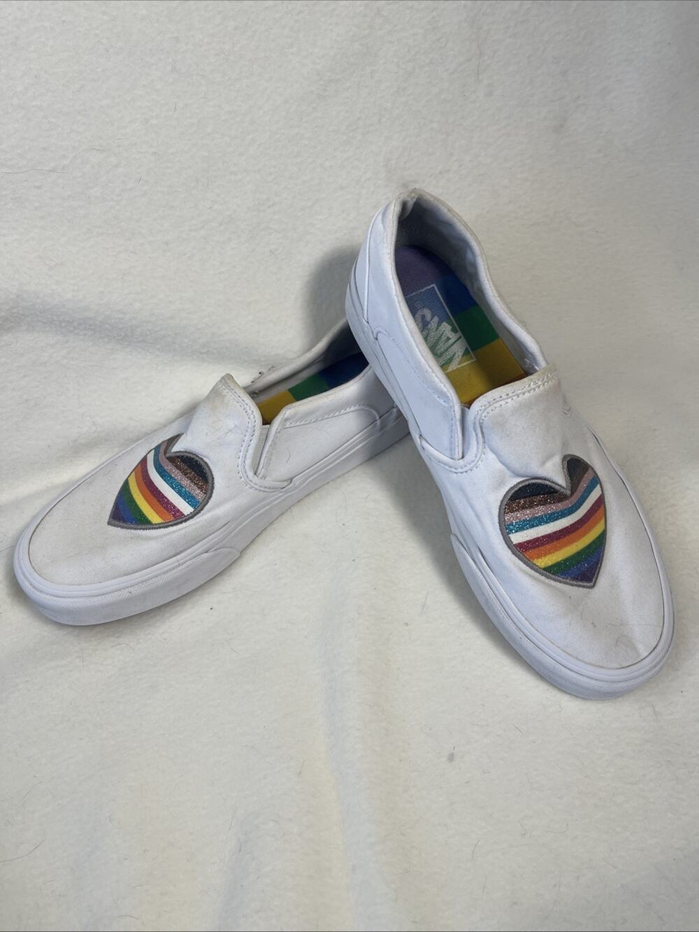 Vans Asher Pride Glitter White Rainbow Heart Slip-On Women's Sneakers Size 7.5